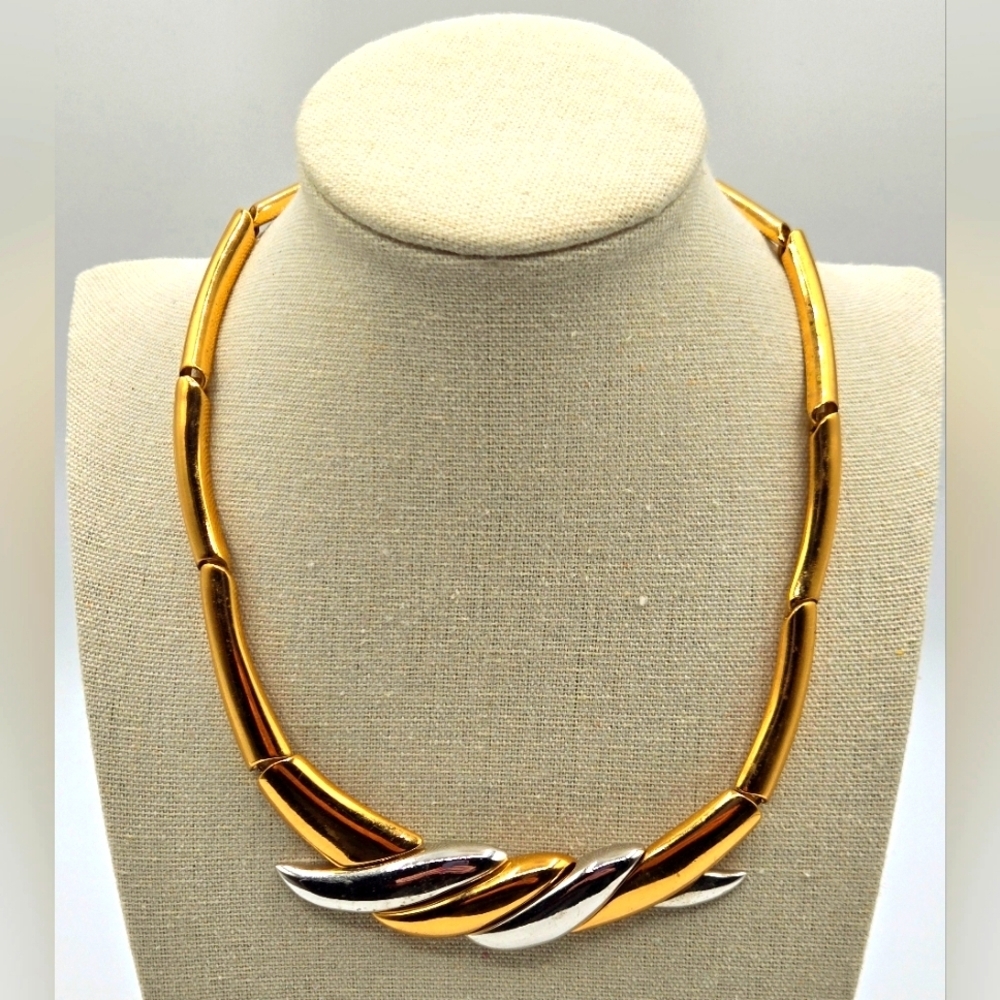 MONET Vintage Collar Necklace Gold Tone with Silver Tone Accent